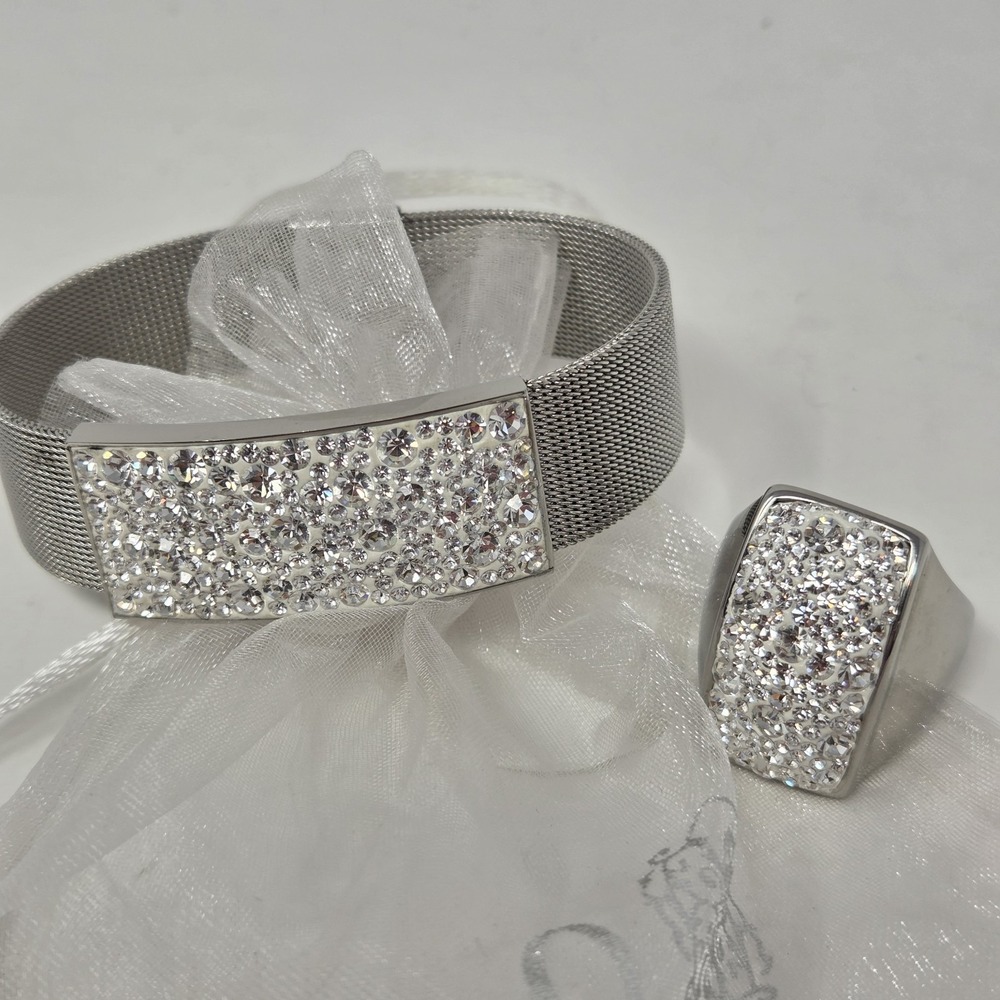 HSN Statement Bracelet Ring Set Crystal Mesh 7" Bracelet Ring Sz 8 Stainless